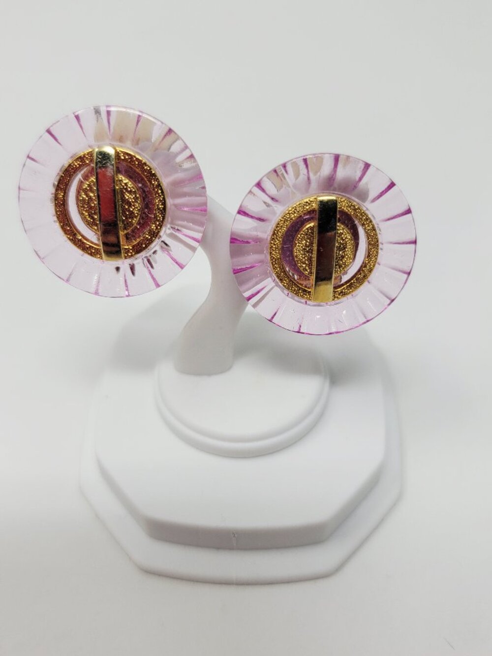 #21 Pink Lucite Gold Tone Clip Earrings Round Retro Vintage Style